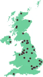 map of the UK, with dots where each partner office is located