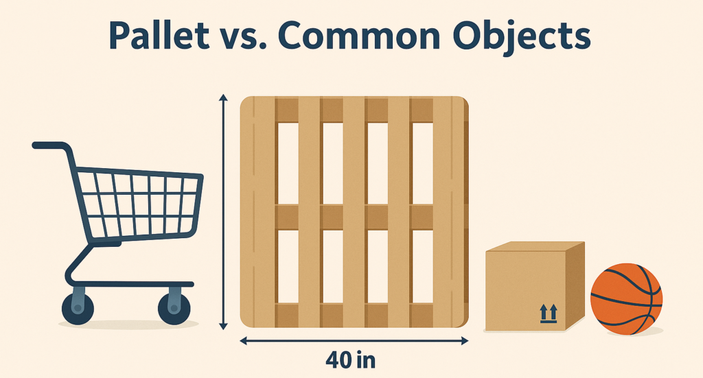 pallet size in comparison to the size of a shopping cart, shipping box, and basketball