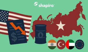 usa and russian maps with the flags for india, turkey, UAE, and the EU included as well as oil container