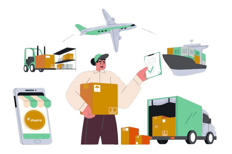 Delivery person with all stages of supply chain arching over her