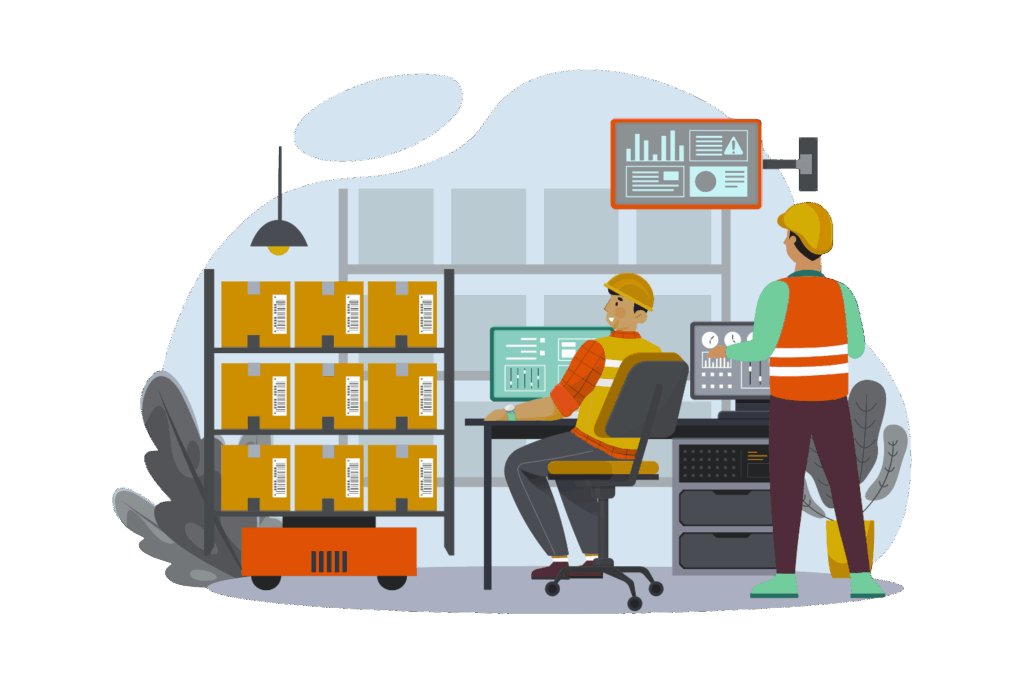 two factory workers looking at computer screens